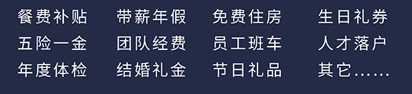 龙8唯一官网员工福利：餐费补贴、五险一金、年度体检、带薪年假、团队经费、结婚礼金、免费住房、员工班车、节日礼品、生日礼券、人才落户、其它……